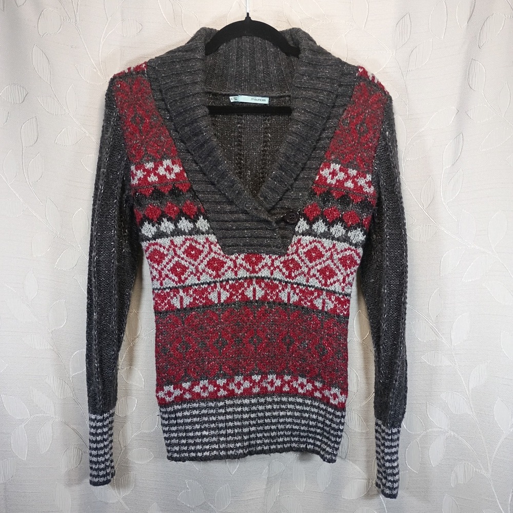 Maurices Womens Small Gray Red Fair Isle Shawl Collar Cable Knit Sweater